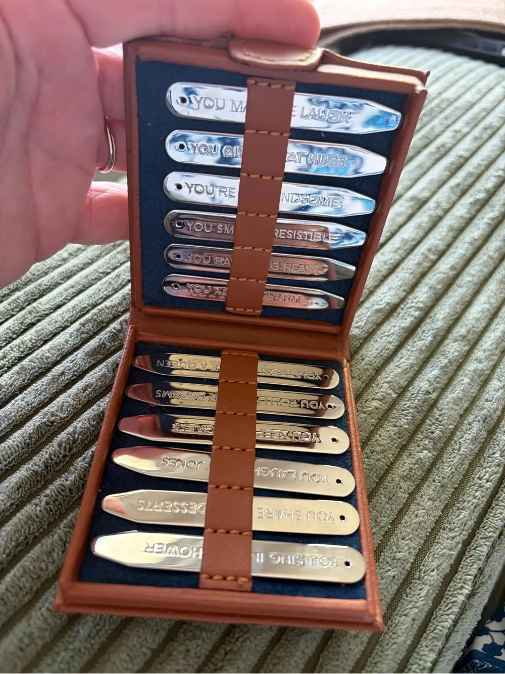 Halcyon Days Men’s Leather Inspirational Collar Tabs Set with Embossed Logo NWOT